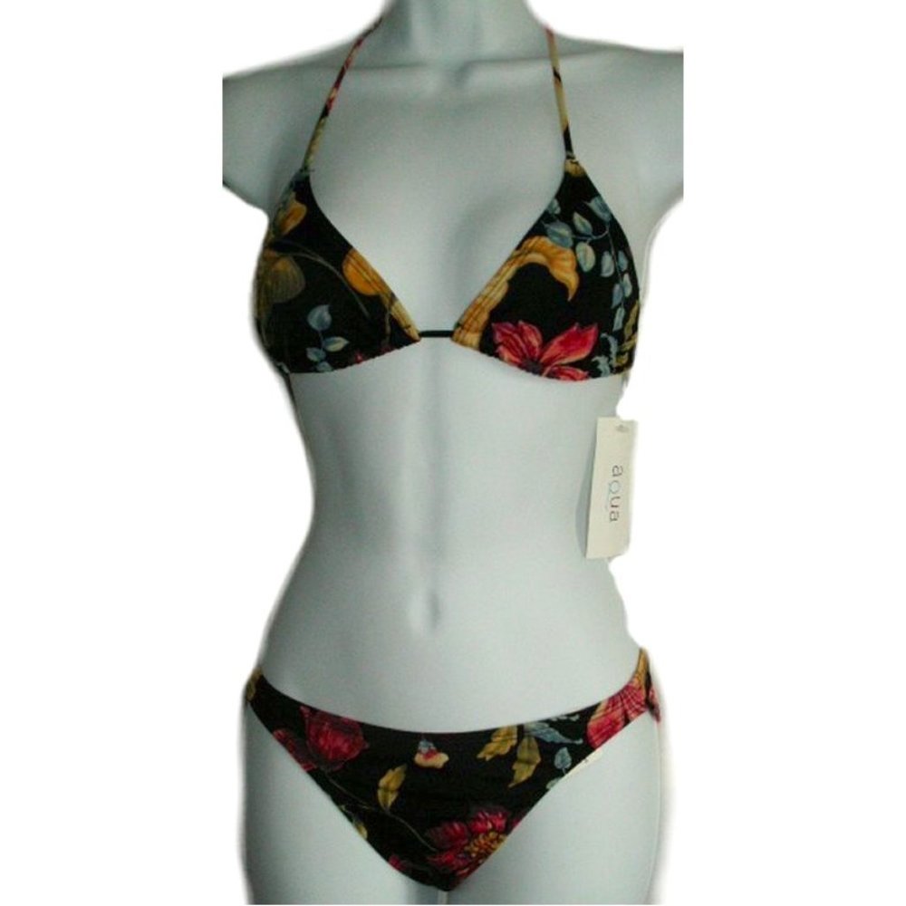 AQUA Black Floral String Bikini - Sz 4 - NEW